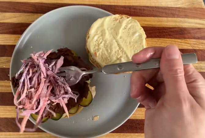 assembling the ingredients (chicken sandwich)